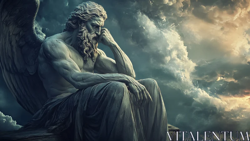 Brooding stone angel resting quietly among stormlit clouds.