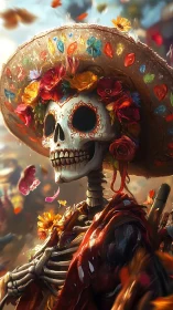 Festive skeletal muse crowned in blazing marigold laughter.