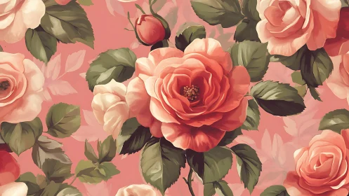 Coral Rose Garden Pattern. Romantic Floral Design.