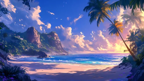 Tropical Sunset Beach with Dramatic Rock Formations