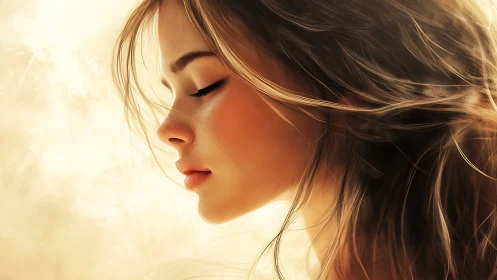 Serene side profile of young woman in warm light.