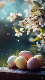 Speckled Easter eggs on wood with spring blossoms.