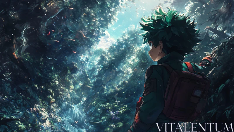 Forest explorer boy overlooks luminous enchanted ravine.