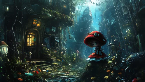 Little red-cloaked wanderer explores a glowing forest street