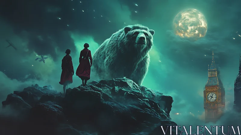 Colossal spectral bear dominates lunar-lit London skyline plateau