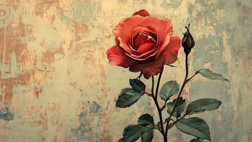 Single red rose with bud against textured painted wall