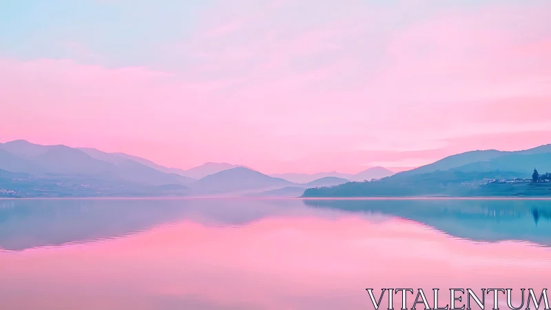 Pastel dusk mountains mirrored on tranquil reflective lake.