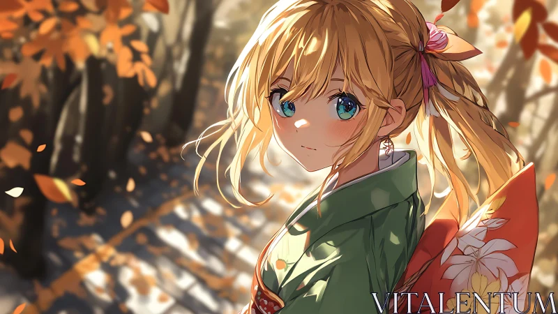Autumn path encounter with a gentle girl in a green kimono.