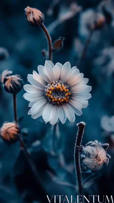 White Daisy Golden Center Frost Bloom Against Teal