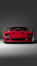 Iconic red supercar front view under studio spotlight.
