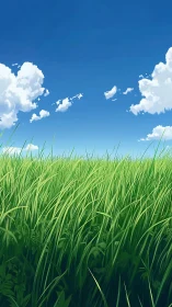 Lush green grass field under deep blue sky and clouds.