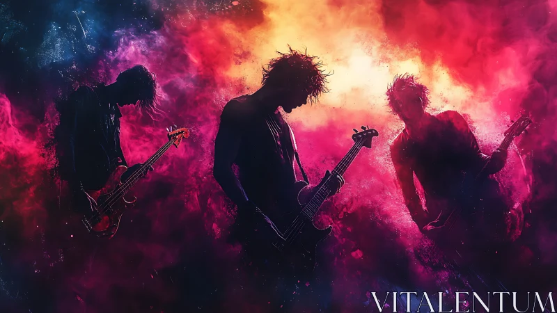 Electric rock trio silhouettes in neon magenta and cyan haze