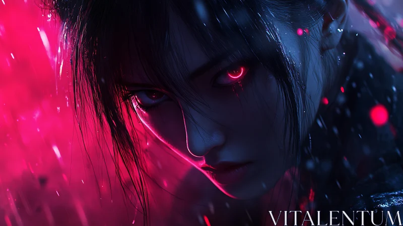 Cyberpunk portrait in neon magenta rain, close-up profile.