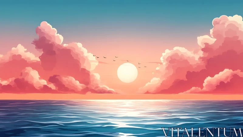 Digital seascape with sun, clouds and horizon alignment.