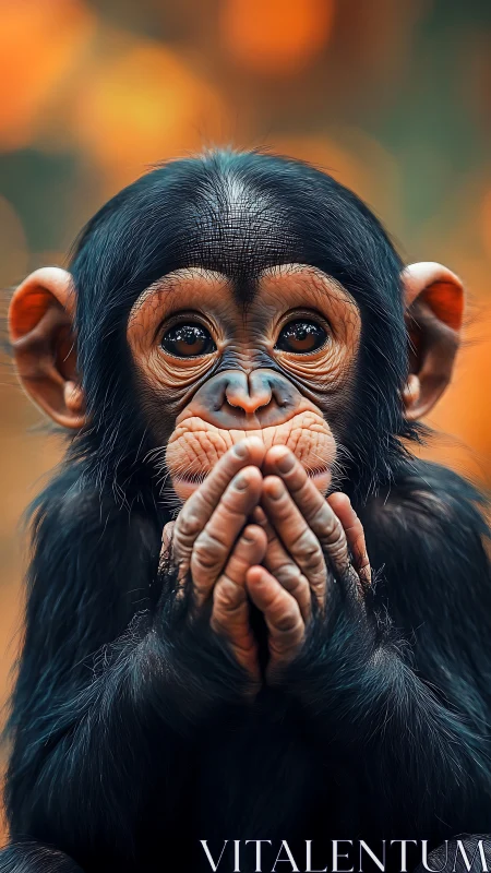 Close-up portrait of young chimpanzee with hands together.