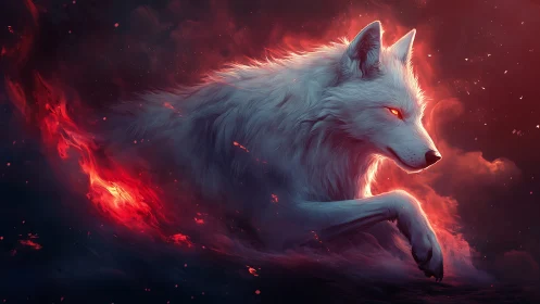 White wolf strides through red glowing smoke and embers