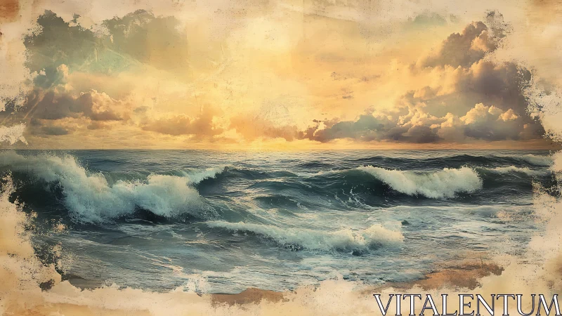 Golden sunset waves crash against a textured vintage seascape