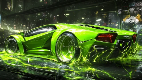 Neon green supercar tears through a cyberpunk night street.