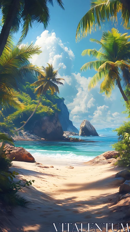 Tropical Coastal Cove: Palm-Framed Beach with Rock Formations