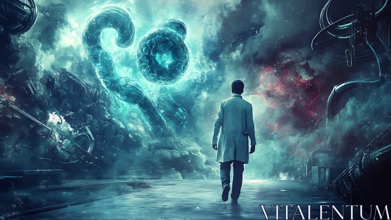 Scientist walks into bioluminescent nebula amid industrial conduits