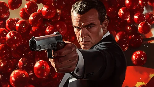 Man in suit aims handgun amid glossy red spheres background