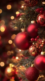 Rich crimson baubles glow softly on a festive tree.