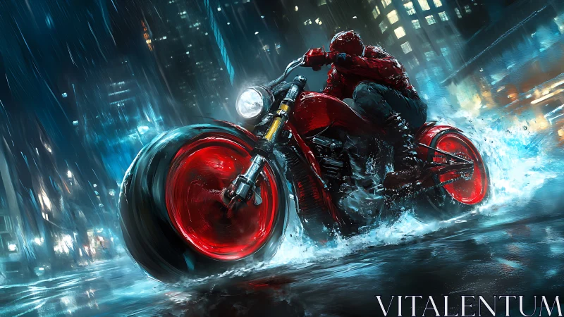 Red motorcycle racing through wet neon city streets at night.