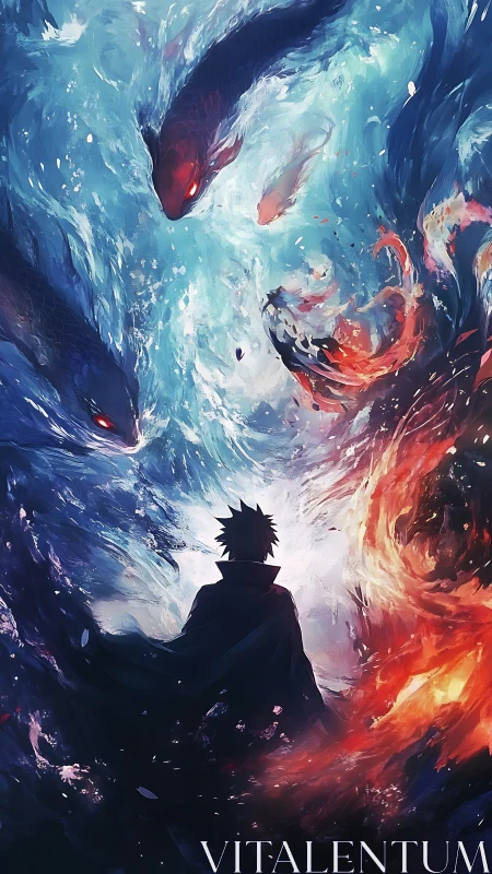 Backlit silhouette faces elemental vortex with spectral serpents