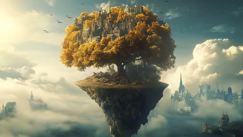 Floating arboreal citadel crowns a luminous clouded skyline