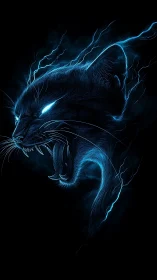 Electric blue panther roars from darkness with crackling power