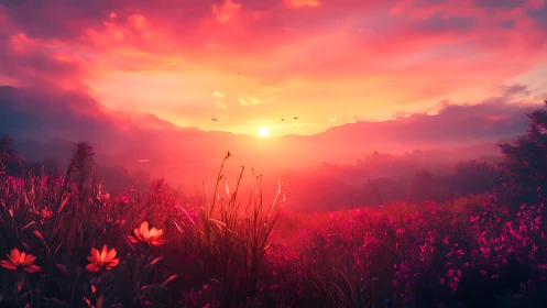 Hyperreal dusk meadow panorama with saturated magenta haze