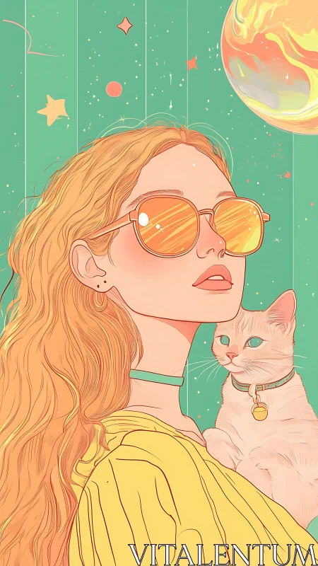 Sunlit daydream girl and cosmic cat in mint skies.