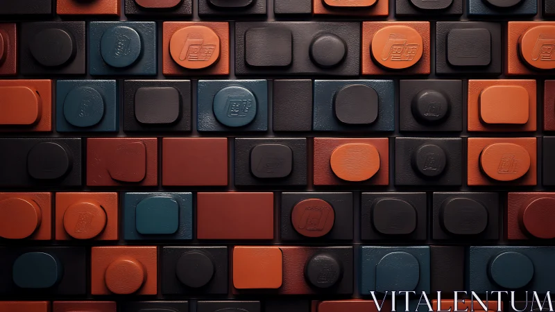 Geometric wall of colored blocks with raised circular pads.