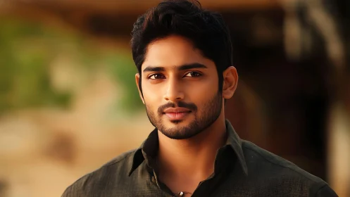 Confident young man outdoors in warm natural lighting.