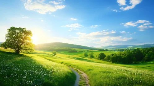 Sunlit rural meadow with distant hills and single dirt path.