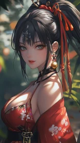 Scarlet kimono beauty in sunlit anime garden portrait.