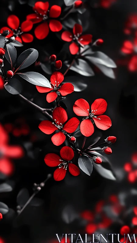 Red Flowers with Dark Foliage Against Black Background