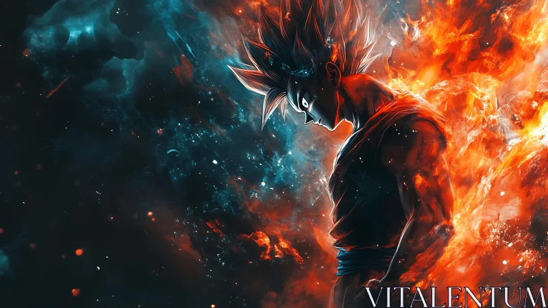 Solar storm warrior pauses between blue void and burning flame