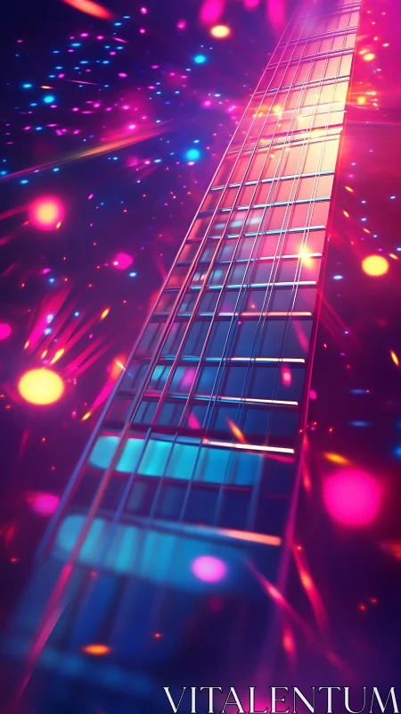 Neon guitar fretboard glows amid vibrant concert lights