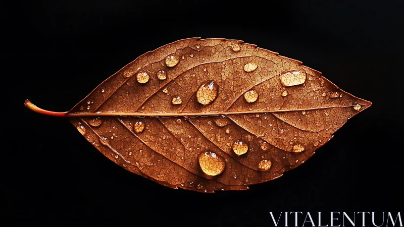 Dried brown leaf holds gleaming water droplets on black void
