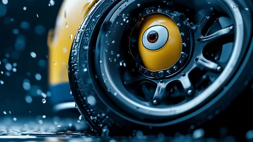 Cinematic macro of wet alloy wheel with stylized eye hub center