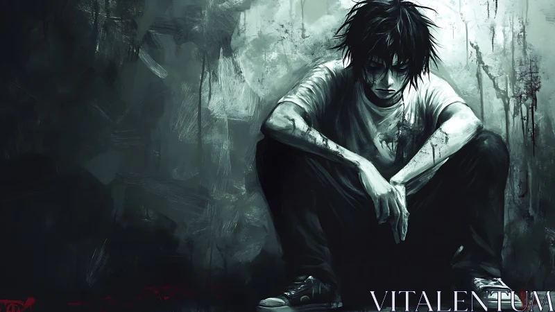 Monochrome anime figure in brooding seated composition study.