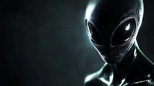 Alien figure with reflective skin stands in dramatic lighting