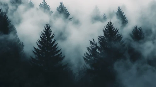 Dense conifer forest receding into layered low-lying orographic fog