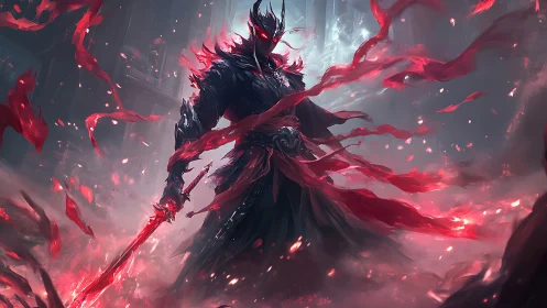 Armored shadow warlord commands crimson spectral energy