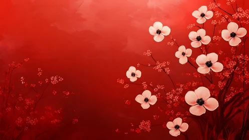 Luminescent floral composition with pale anemone flowers arranged compositionally against deep crims