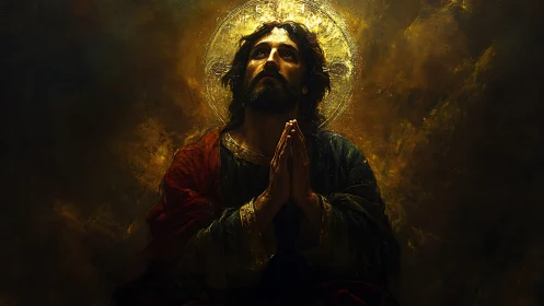 Oil-style devotional portrait with luminous central halo focus.