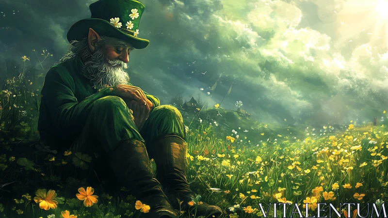 Sunlit leprechaun drifts into dreams in a wildflower meadow