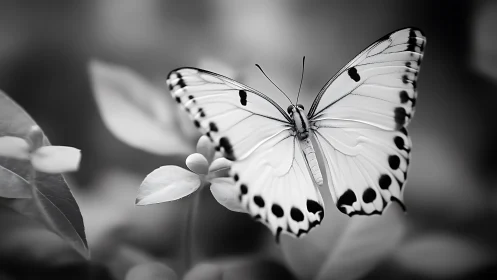 Monochrome butterfly drifting through soft bokeh garden hush.