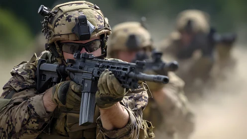 Special forces soldier advances through dust with rifle ready